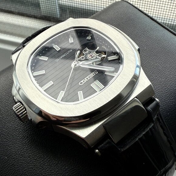 Seiko Mod Custom open heart black luxury leather strap dress watch - Picture 6 of 8